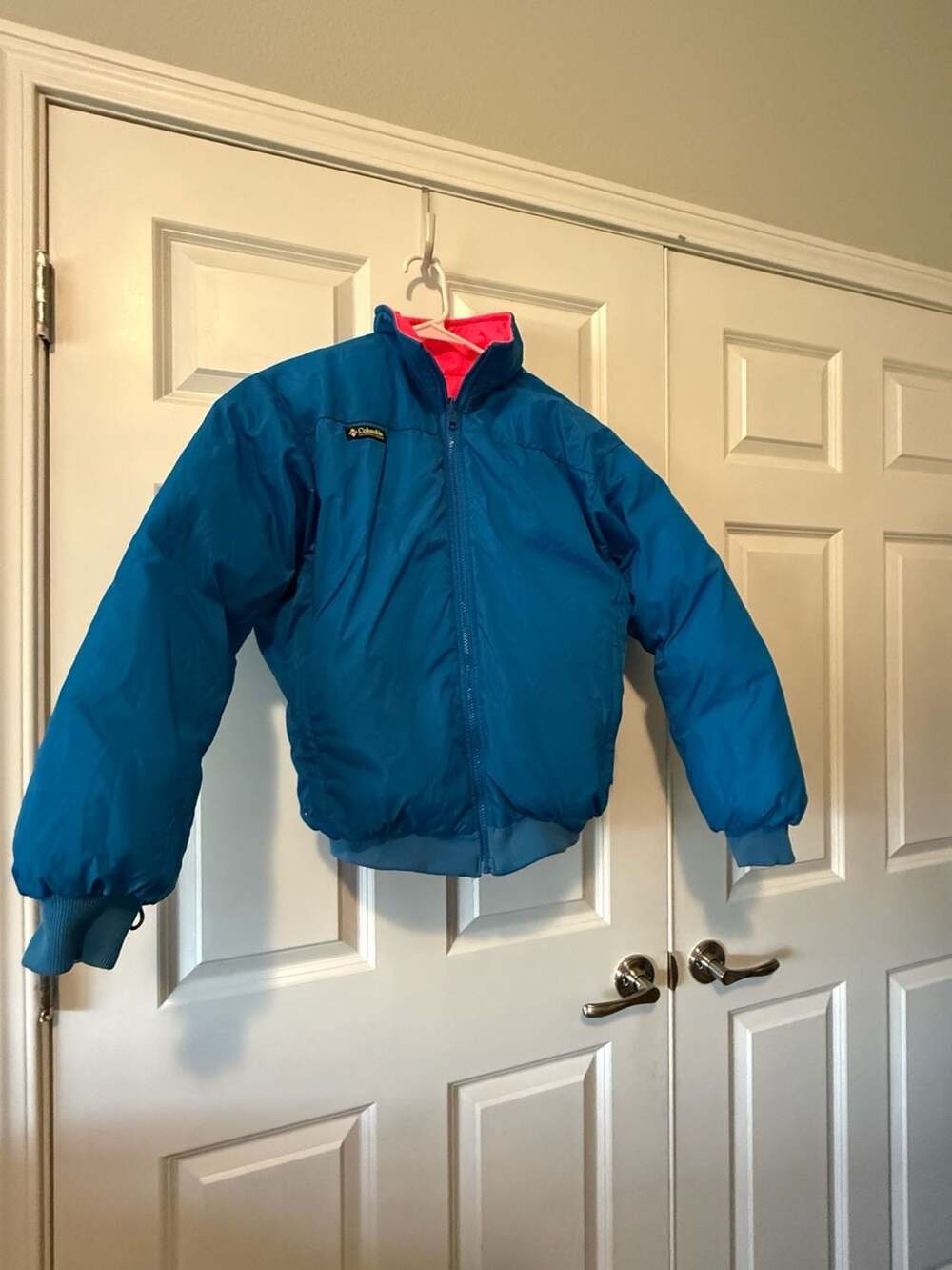 Vintage Columbia Reversible Puffer Jacket Blue and Neon Pink Bomber - Large